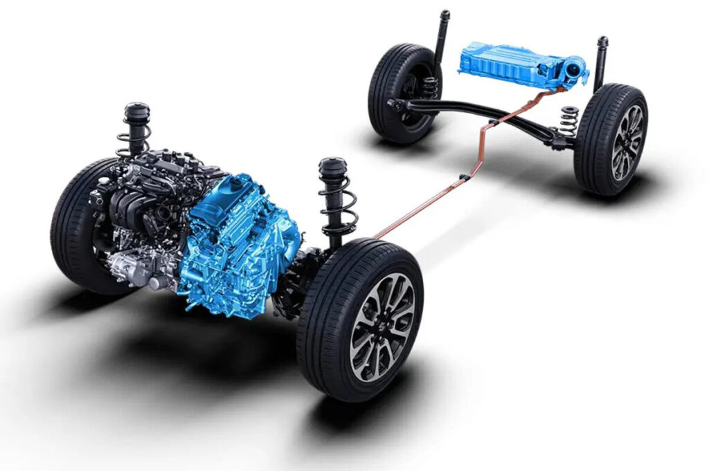 Hibrit otomobilin elektrik motoru, batarya ve benzinli motordan oluşan güç aktarma organları