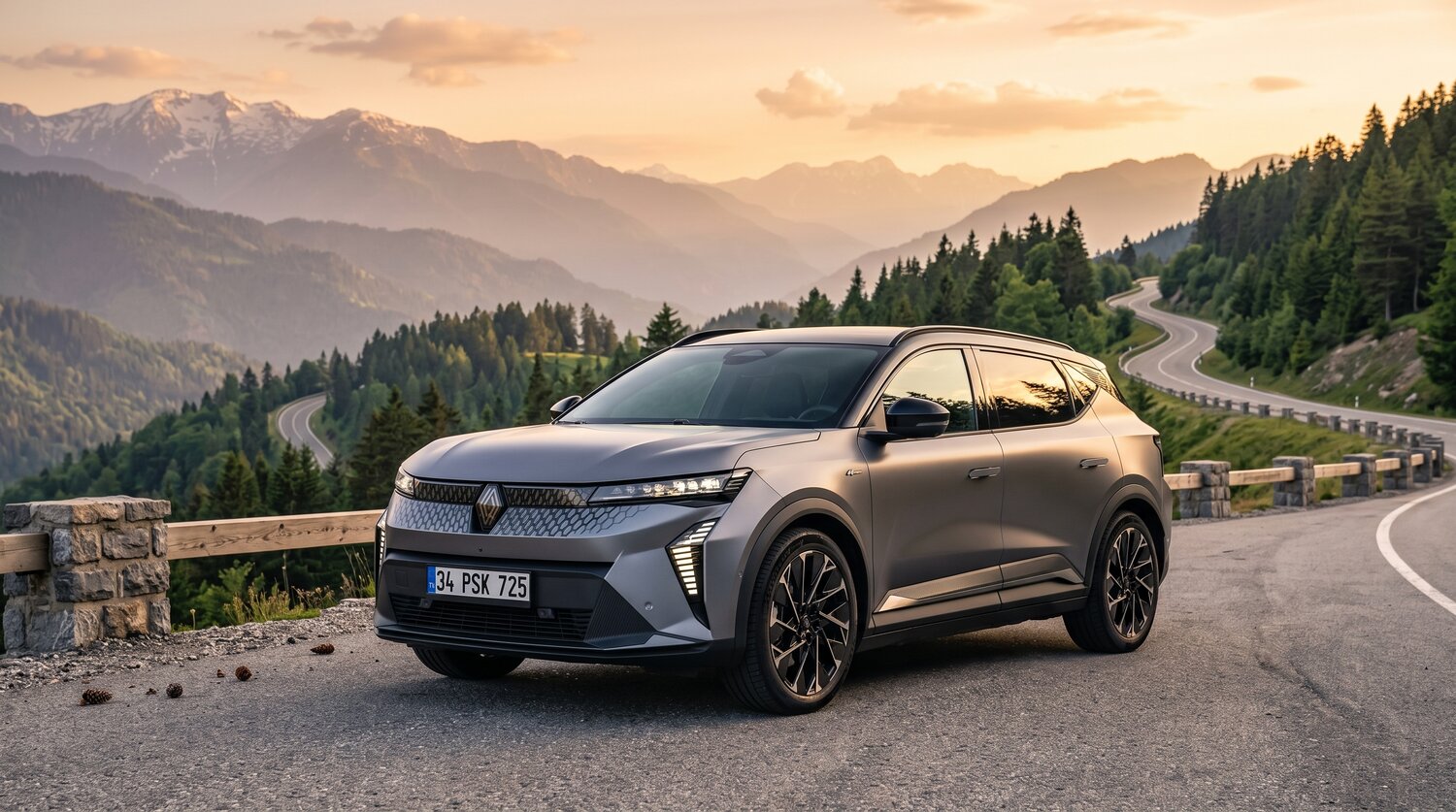 Renault Scenic E-Tech dağ yolunda çapraz önden görünüm